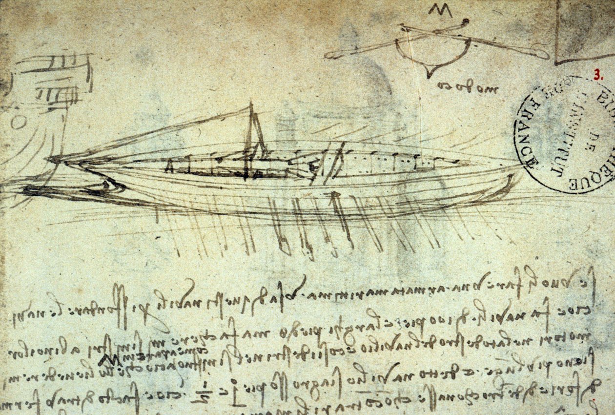 Estudo do barco equipado com uma série de remos por Leonard de Vinci (Leonardo da Vinci) (1452 - 1519). Desenho com caneta e tinta. Manuscrito. Biblioteca do Institut de France. Paris. de Leonardo da Vinci