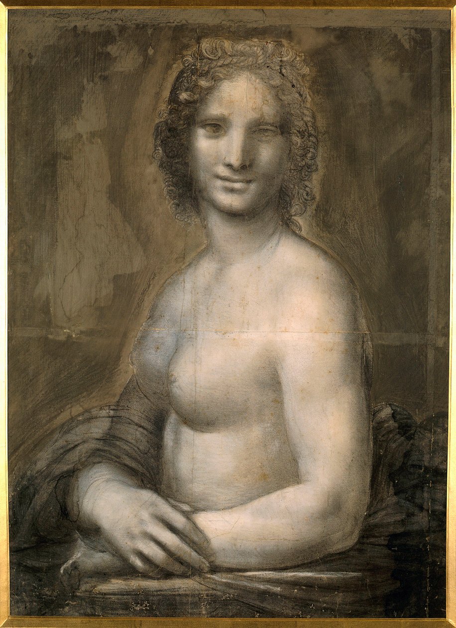 Estudo da nudez feminina provavelmente a Mona Lisa Bust denude assume Mona Lisa (ou Monna Lisa). Desenho em papel pardo com pedra preta da escola de Leonard de Vinci (Leonardo da Vinci) (1452-1519) Dim. 0,72 X 0,54 m. Chantilly, Museu Conde de Leonardo da Vinci