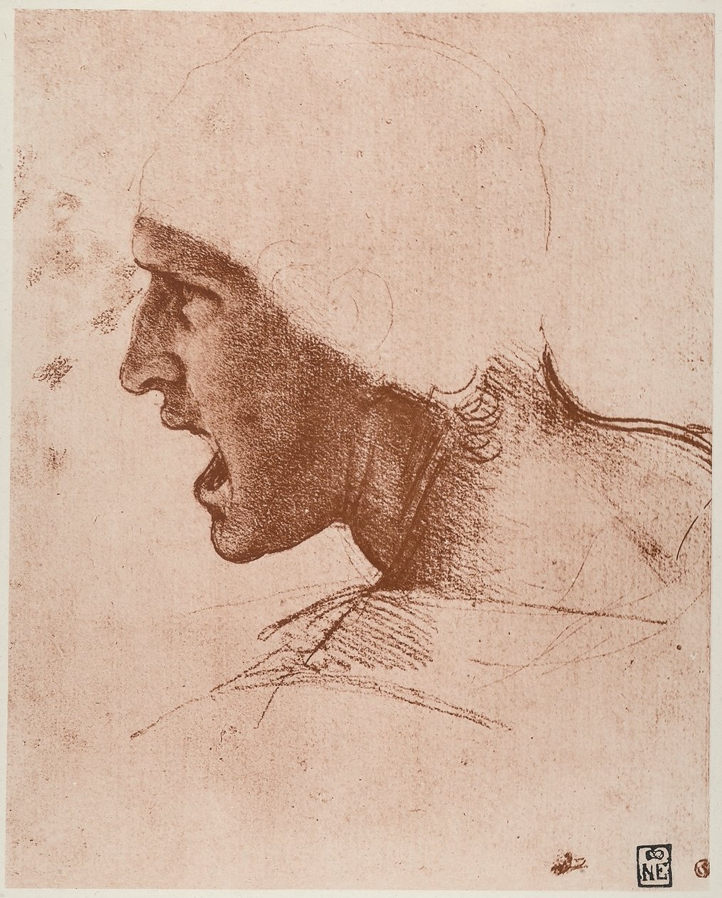 Estudo da cabeça masculina para a Batalha de Anghiari, desenhada por Leonardo da Vinci, otimista em papel rosado, preservada no Museu de Belas Artes de Budapeste. de Leonardo da Vinci