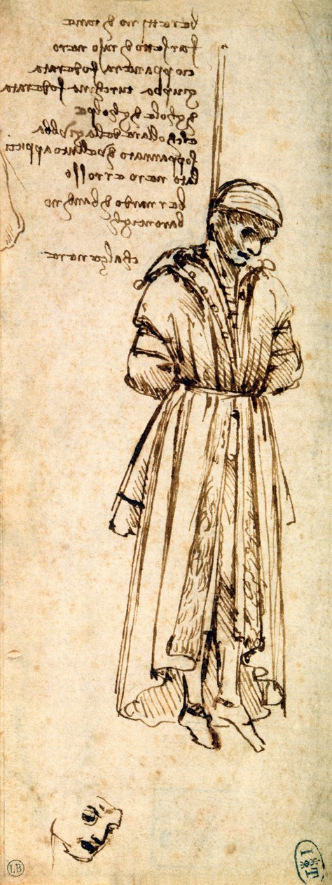 Estudo do Bernardo enforcado por Bandino Baroncelli, assassino de Giuliano de Medici, 1479 de Leonardo da Vinci