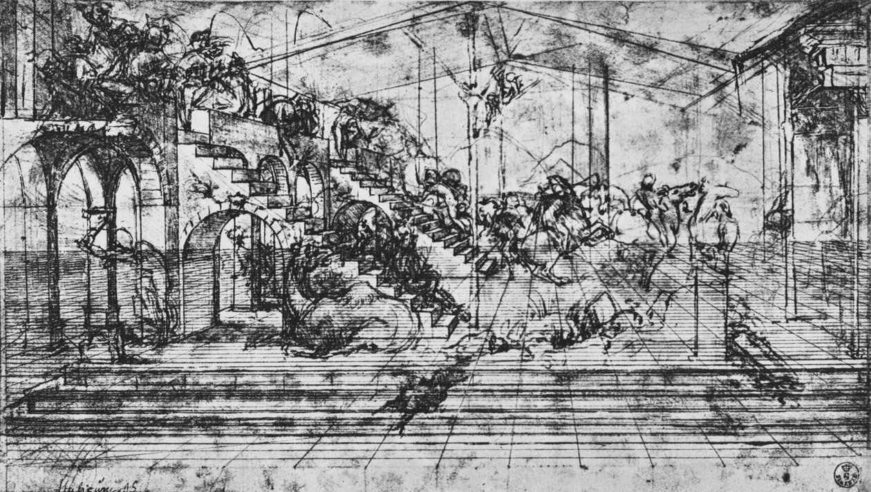 Estudo da perspectiva dos antecedentes da adoração dos Reis Magos, 1481 1945 de Leonardo da Vinci