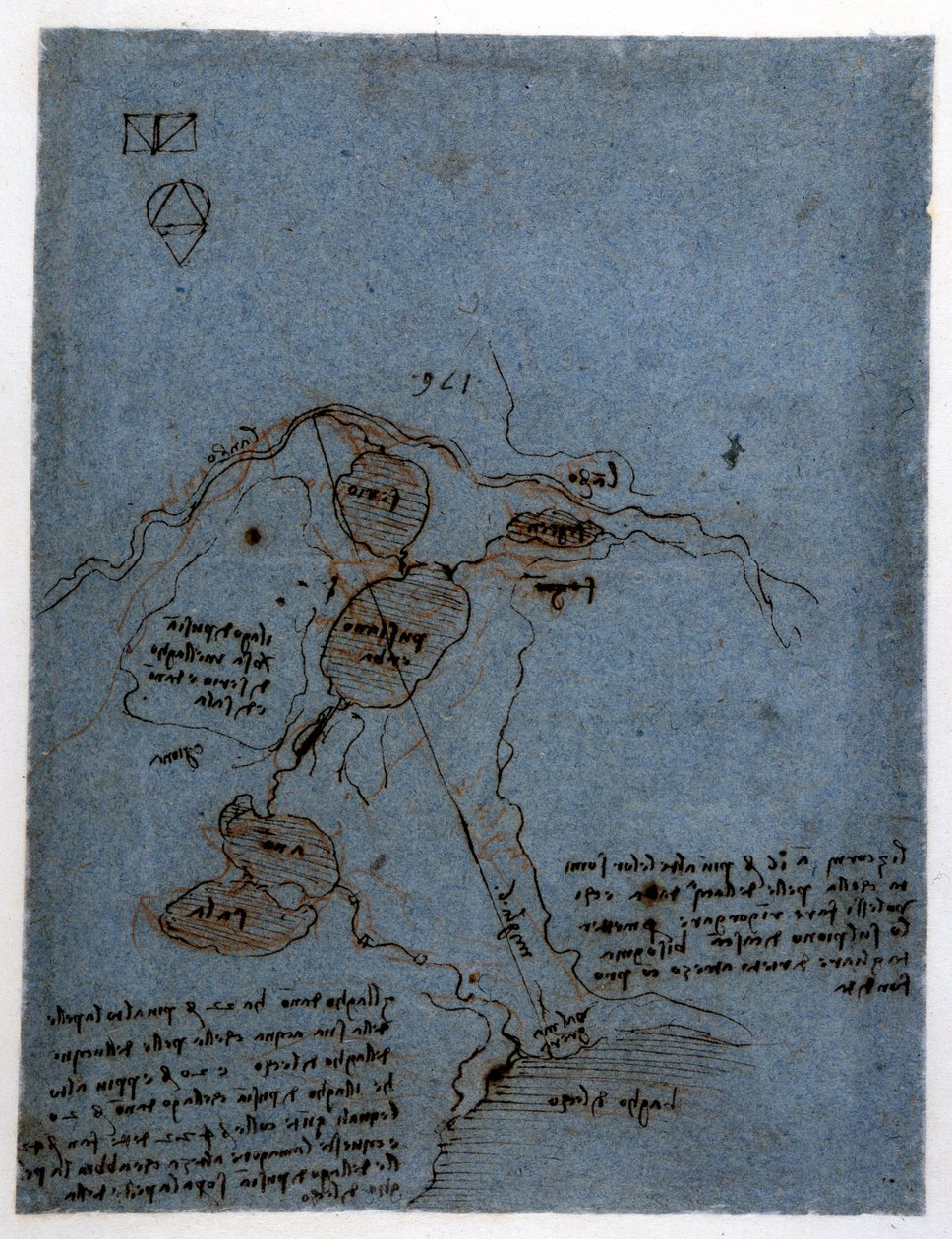 Estudo sobre o aproveitamento da força da água em máquinas hidráulicas (noria) por Leonard de Vinci (Leonardo da Vinci) (1452 - 1519). Desenho com caneta e tinta. de Leonardo da Vinci