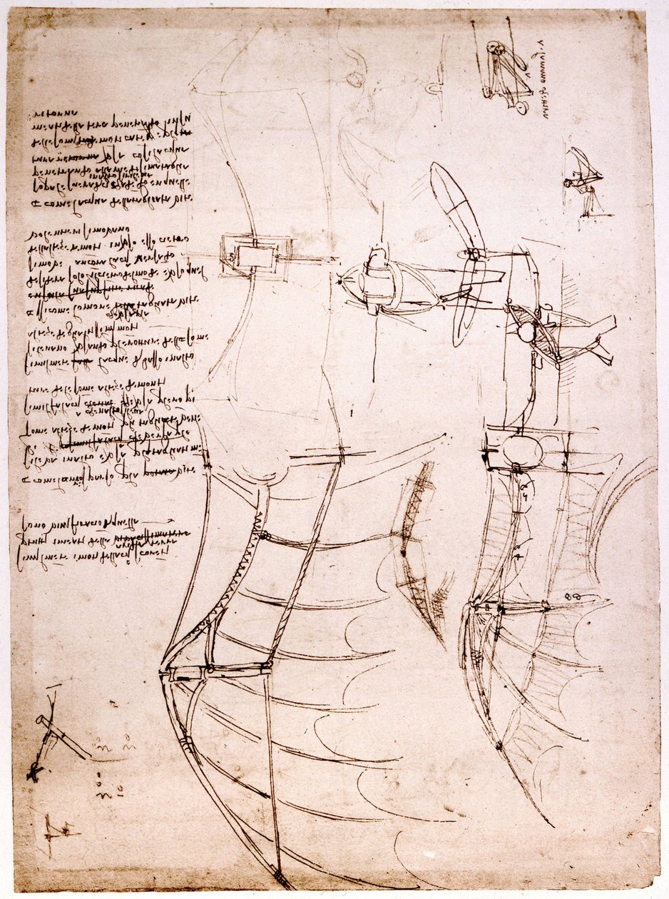 Estudo sobre as asas. Codex Atlântico. Códice Atlântico, Desenho de Leonard de Vinci (Leonardo da Vinci) por volta de 1499. de Leonardo da Vinci