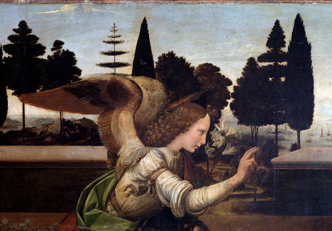 A Anunciação, detalhe do Anjo - óleo sobre madeira de Leonardo da Vinci