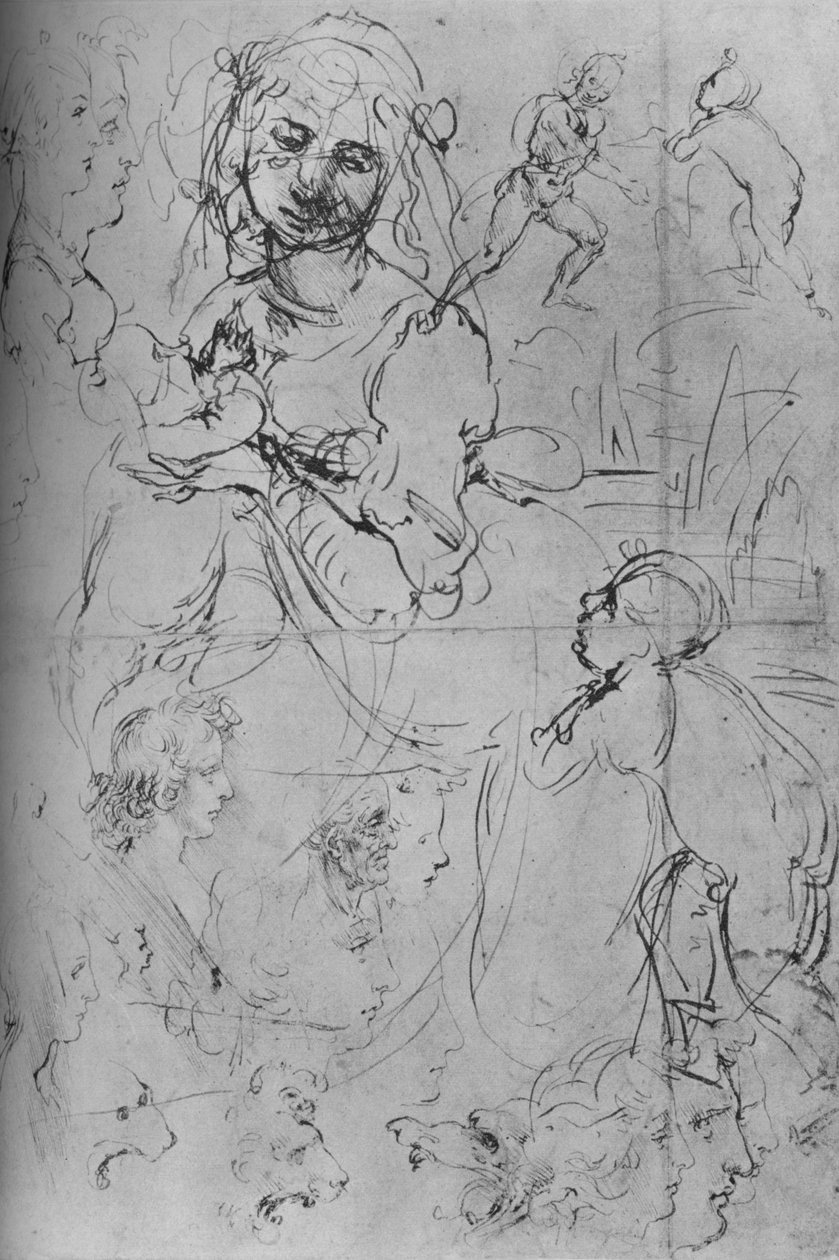 A Madonna e a Criança e outros estudos, c1469 1945 de Leonardo da Vinci