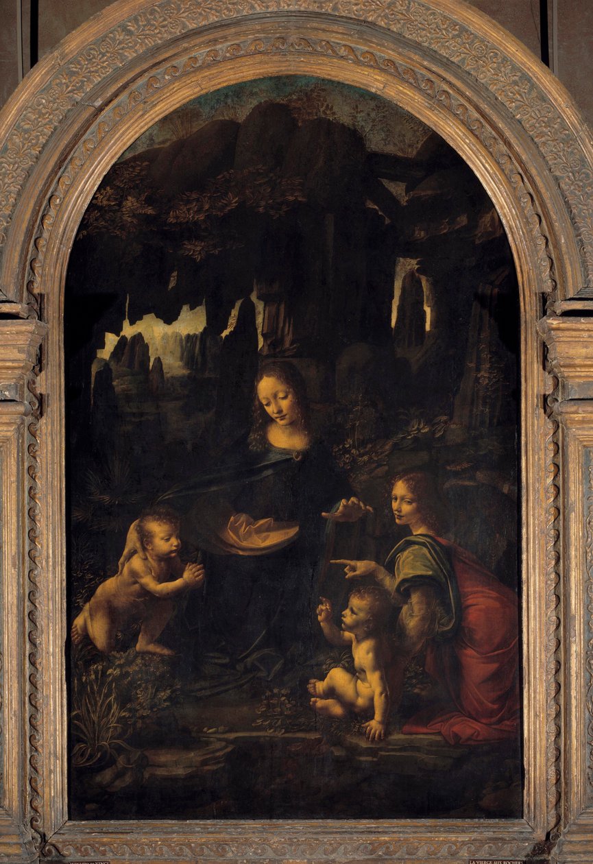 A Virgem, o Menino Jesus, São João Baptista e um Anjo ou pintura "A Virgem com as Rochas" de Leonard de Vinci (Leonardo da Vinci) (1452-1519) Sol do século XVI. 1,99x1,22 m de Leonardo da Vinci