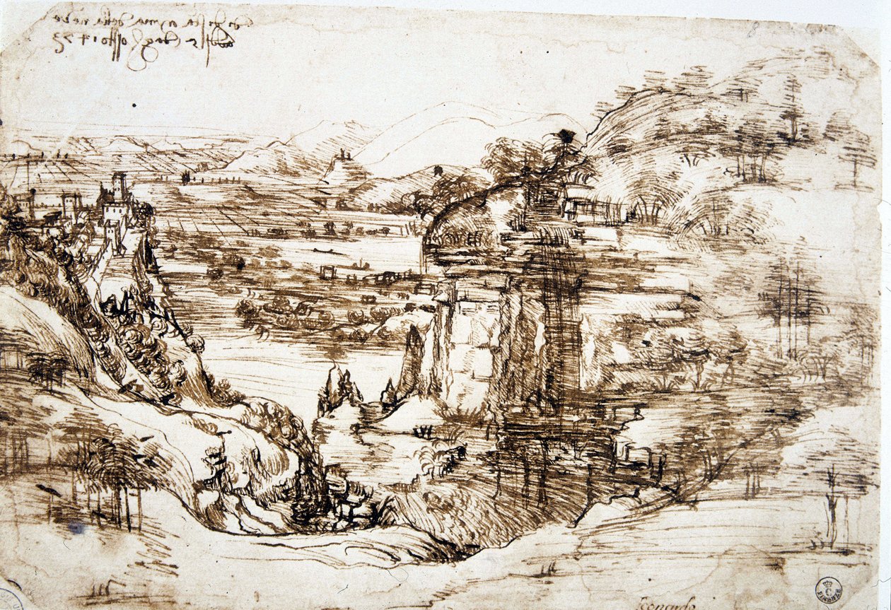 O primeiro desenho conhecido de Leonard de Vince (Leonardo da Vinci) (1452-1519), "Paisagem de Santa Maria della Neve": a paisagem do vale do Arno, perto de Florença. de Leonardo da Vinci