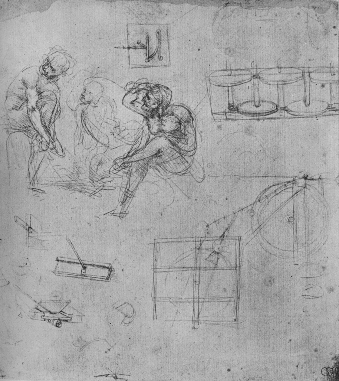 Três figuras assentadas e estudos de máquinas, 1480-1481 1945 de Leonardo da Vinci