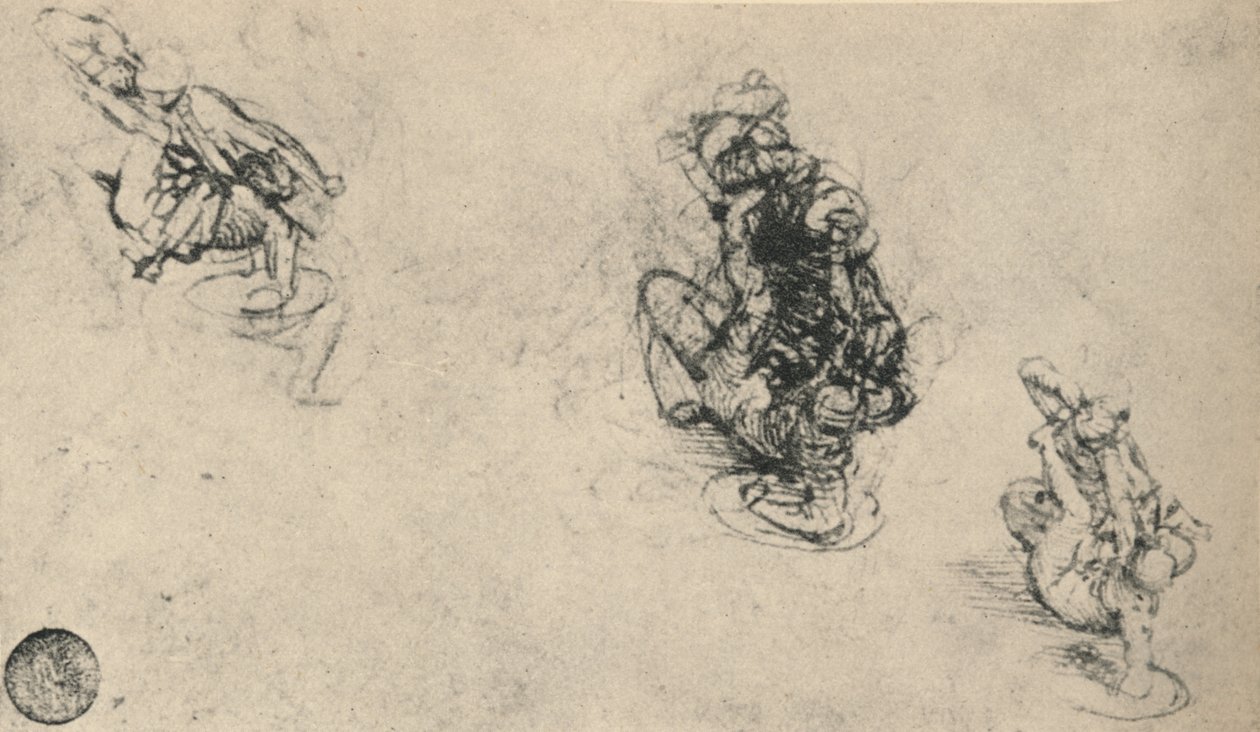Três estudos de um homem apontando um inimigo caído, c1480 1945 de Leonardo da Vinci