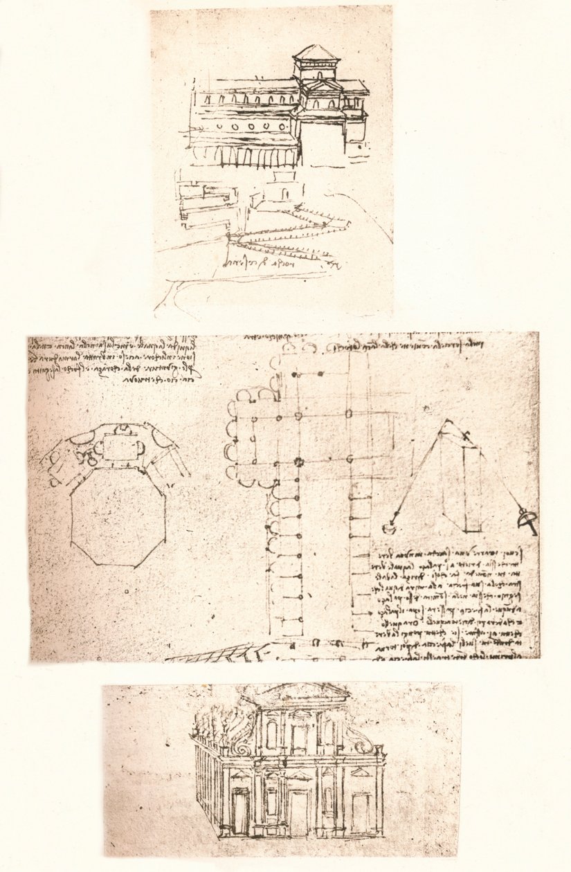Três desenhos de igrejas, c1472-c1519 1883 de Leonardo da Vinci