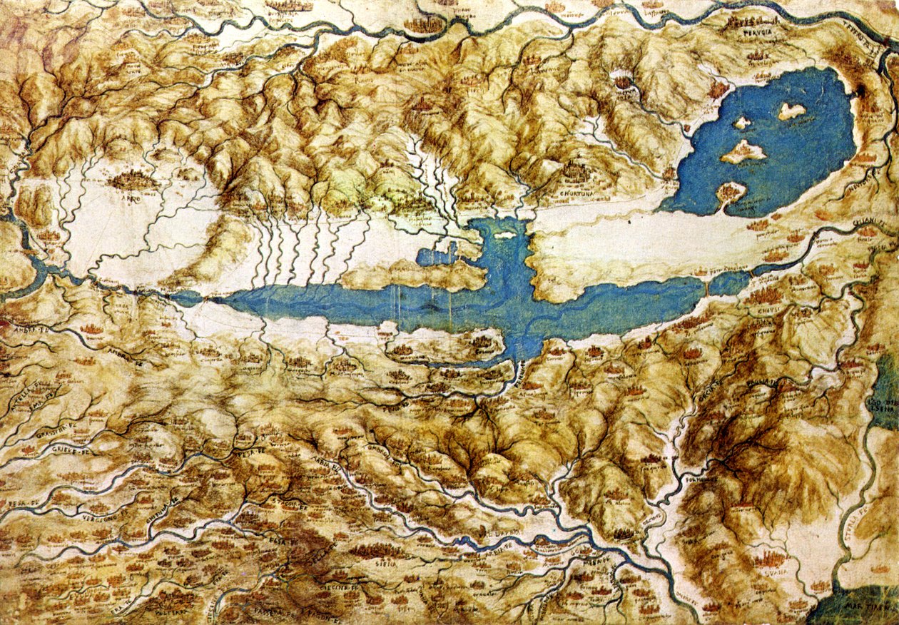 Vista topográfica da paisagem ao redor da planície de Arezzo e do Val di Chiana, no início do século XVI de Leonardo da Vinci