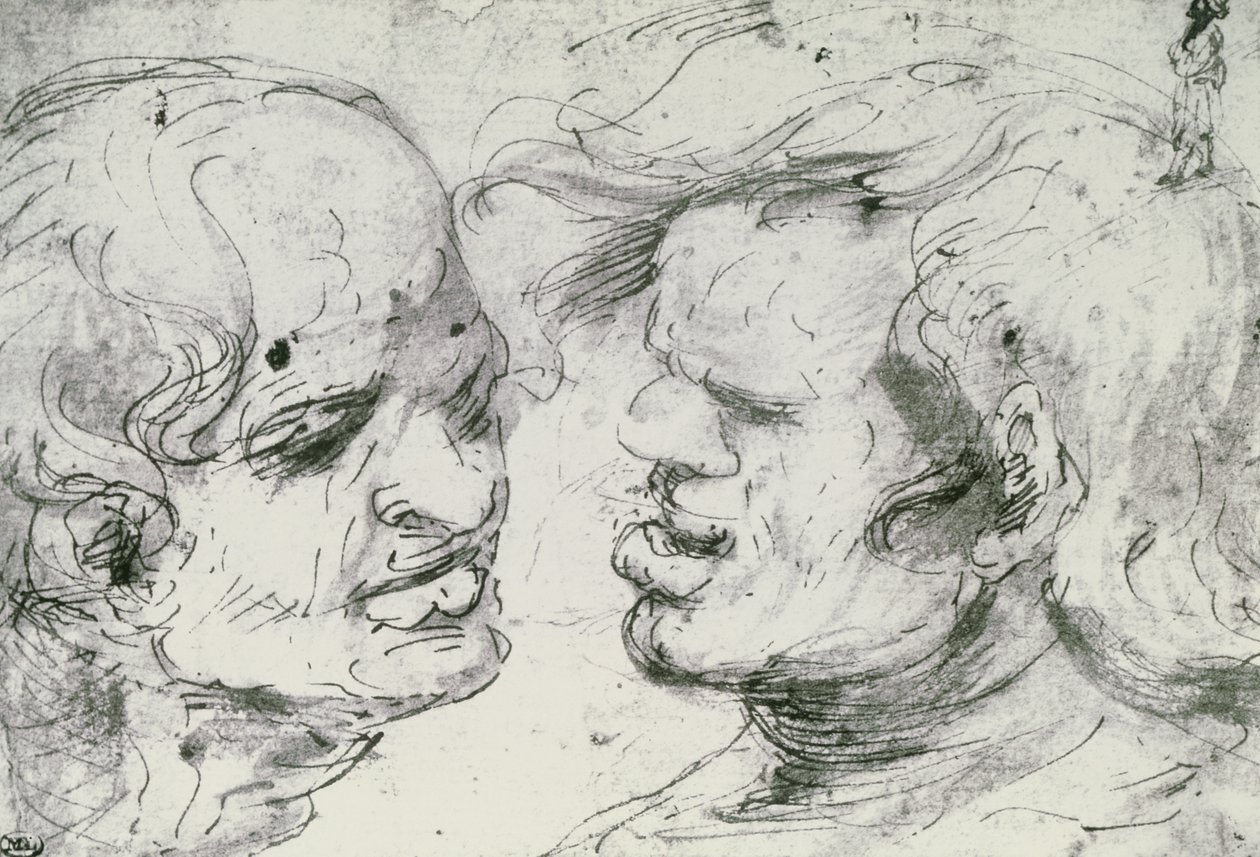 Duas cabeças (caneta e tinta no papel) de Leonardo da Vinci