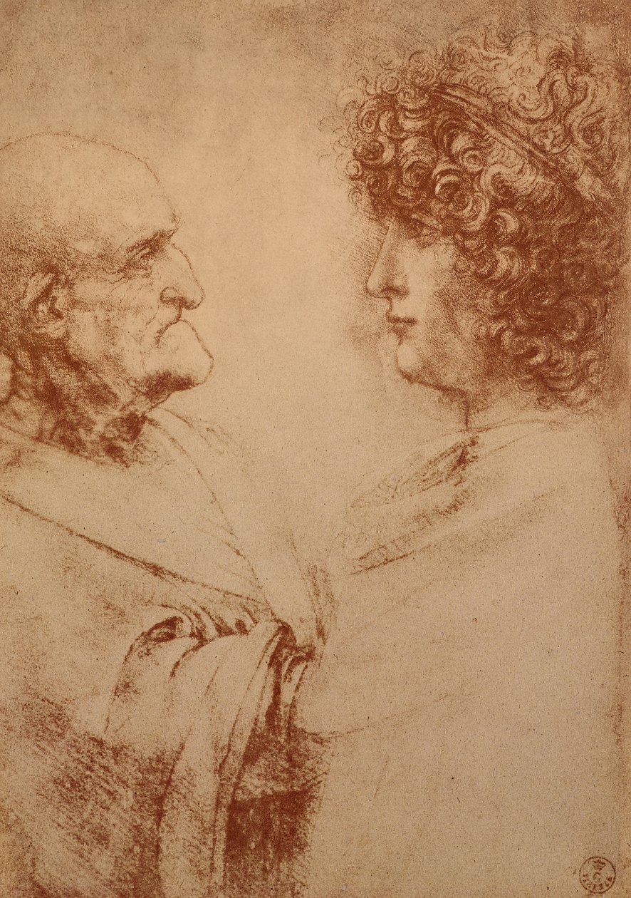 Duas cabeças em perfil, c.1500 (giz vermelho sobre papel) de Leonardo da Vinci