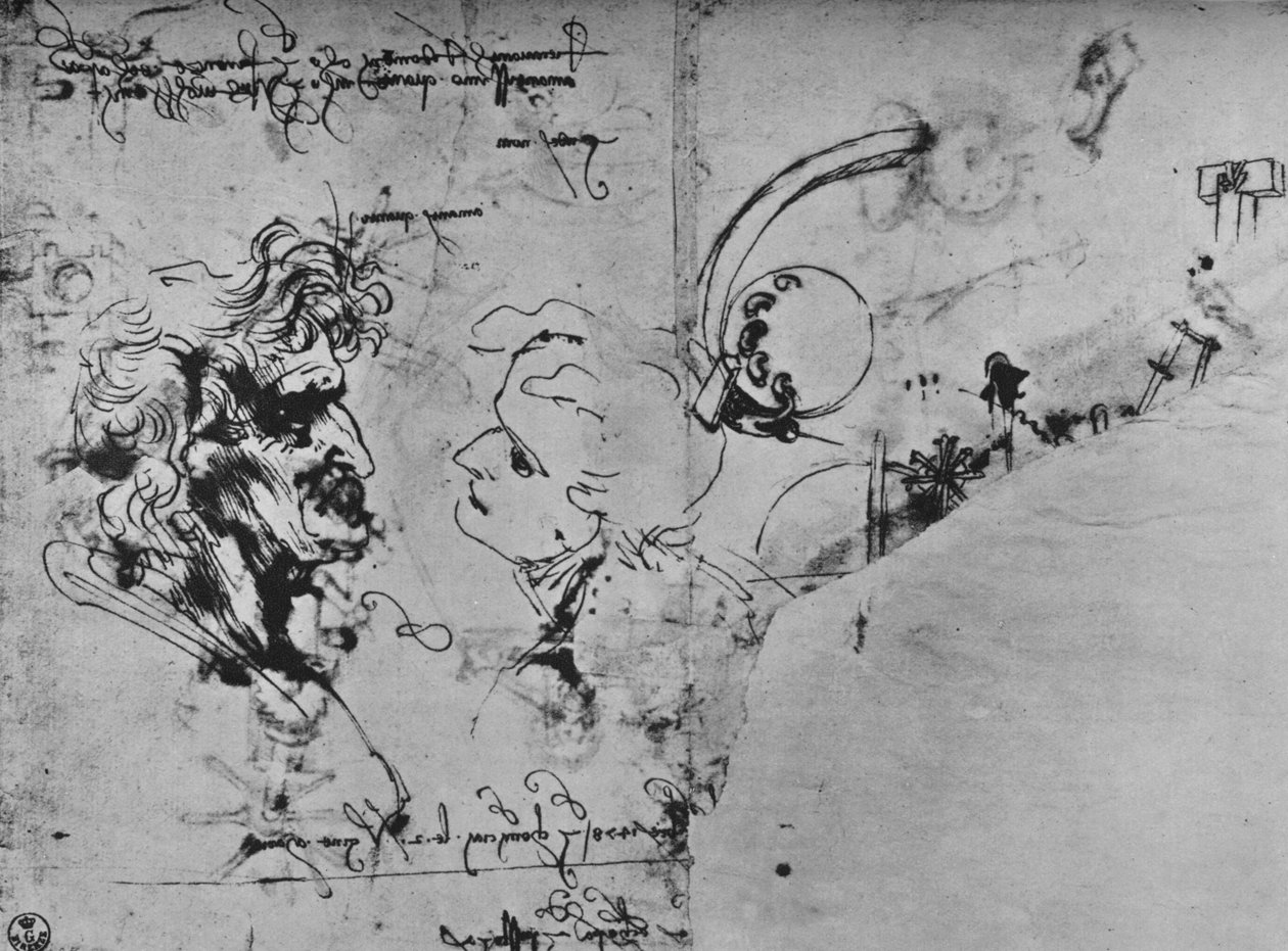 Dois perfis e estudos de máquinas, c1480 1945 de Leonardo da Vinci