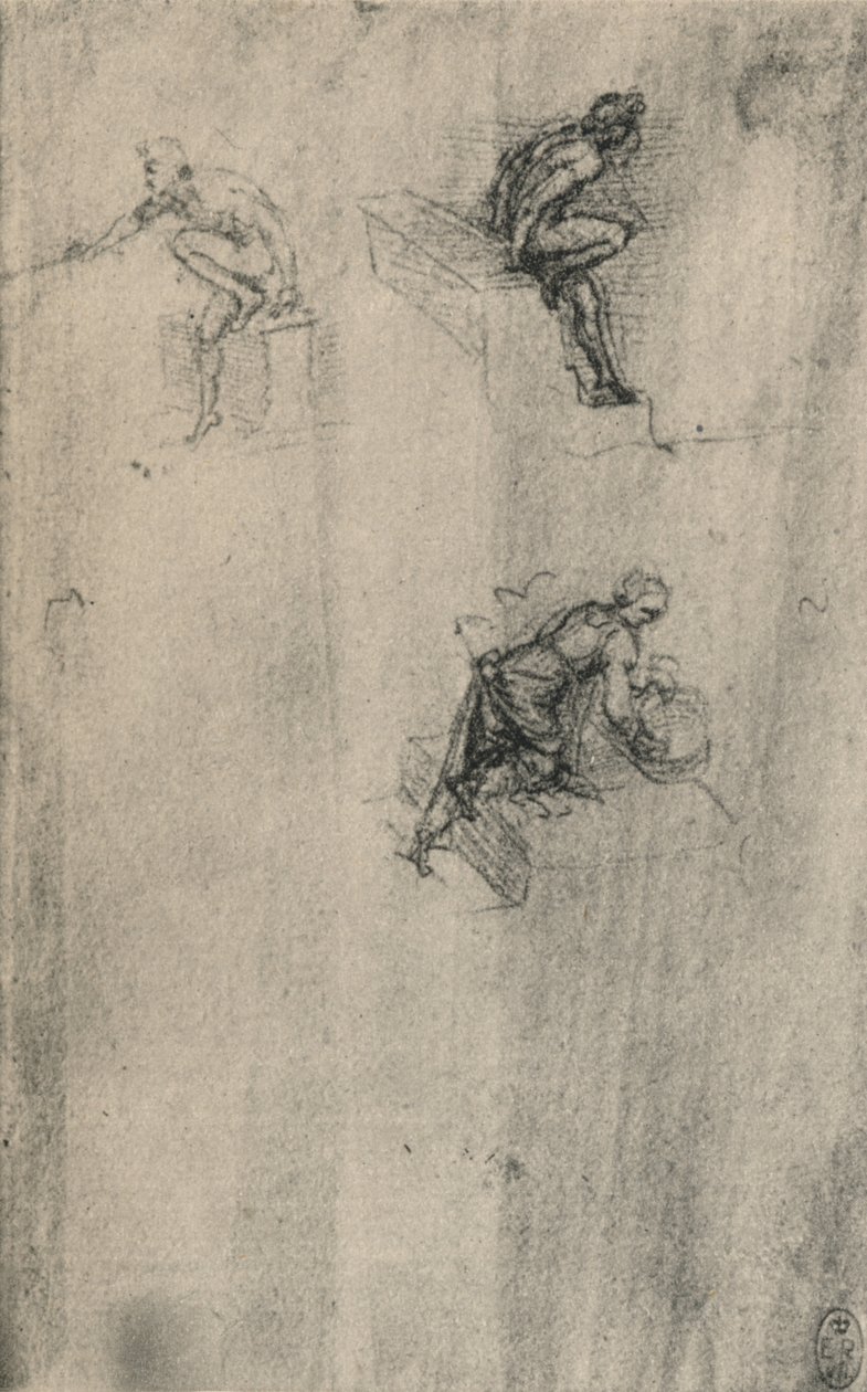 Dois nus sentados e uma mulher lavando, c1480 1945 de Leonardo da Vinci