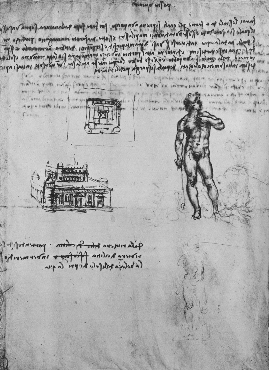 Dois estudos de uma figura nua e a vista e o plano de um edifício, c1480 1945 de Leonardo da Vinci