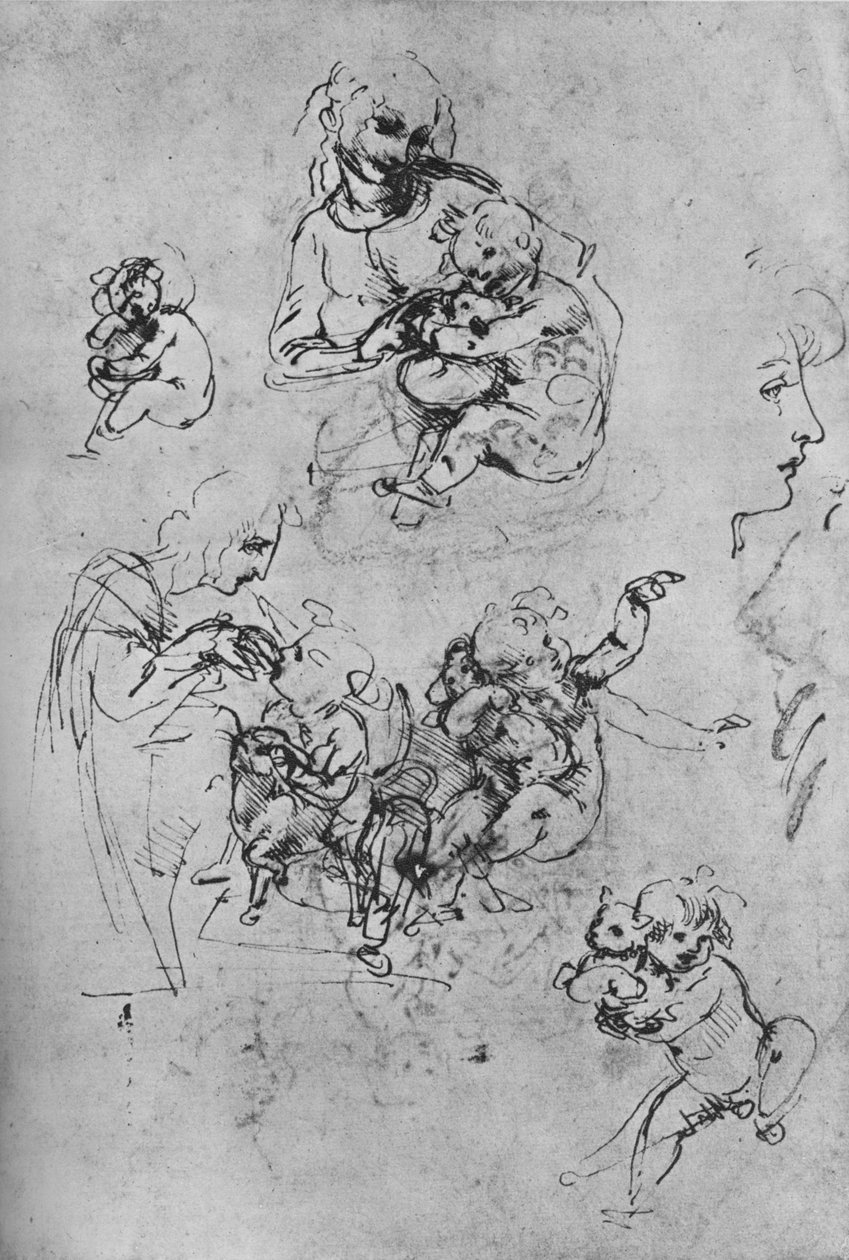Dois estudos da Madona e da criança com um gato e três estudos da criança, 1475-1481 1945 de Leonardo da Vinci