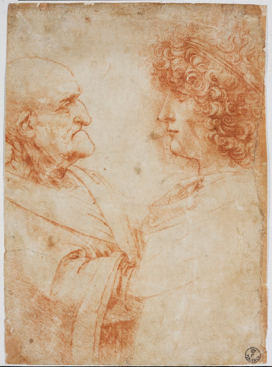 Dois perfis masculinos, um velho e um jovem - O jovem representa Gian Giacomo Caprotti dit Andrea Salai ou Salaij (cerca de 1480-1524), aluno e amante de Leonard - Drawing a la sanguine by Leonardo da Vinci (Leonard de Vinci) (1452-1519) - Florence, G de Leonardo da Vinci