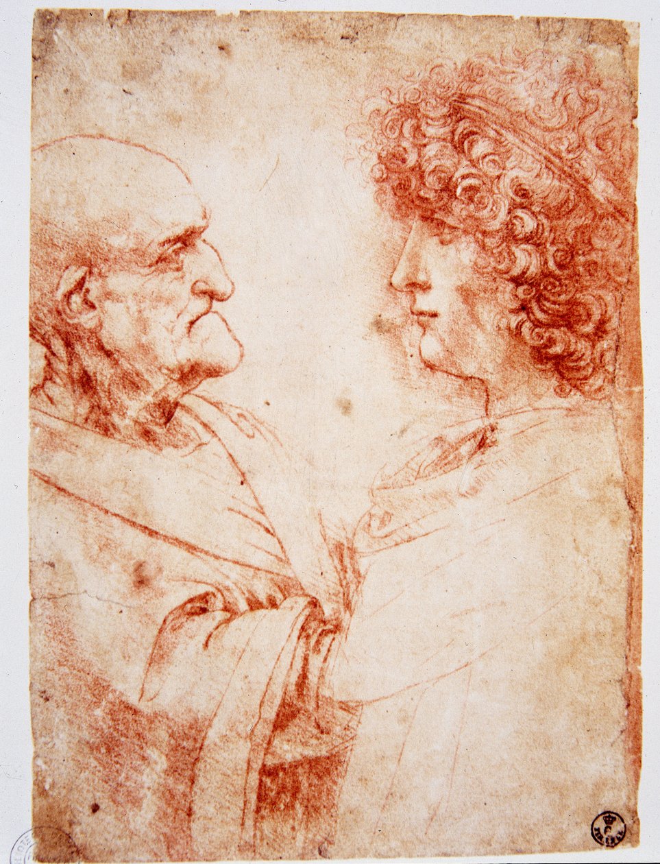 Dois perfis de homem, um homem velho e um homem jovem. O jovem representa Gian Giacomo Caprotti, conhecido como Andrea Salai ou Salaij (cerca de 1480-1524), aluno e amante de Leonard. Desenho a la sanguine de Leonardo da Vinci (Leonard de Vinci) (1452-1519 de Leonardo da Vinci