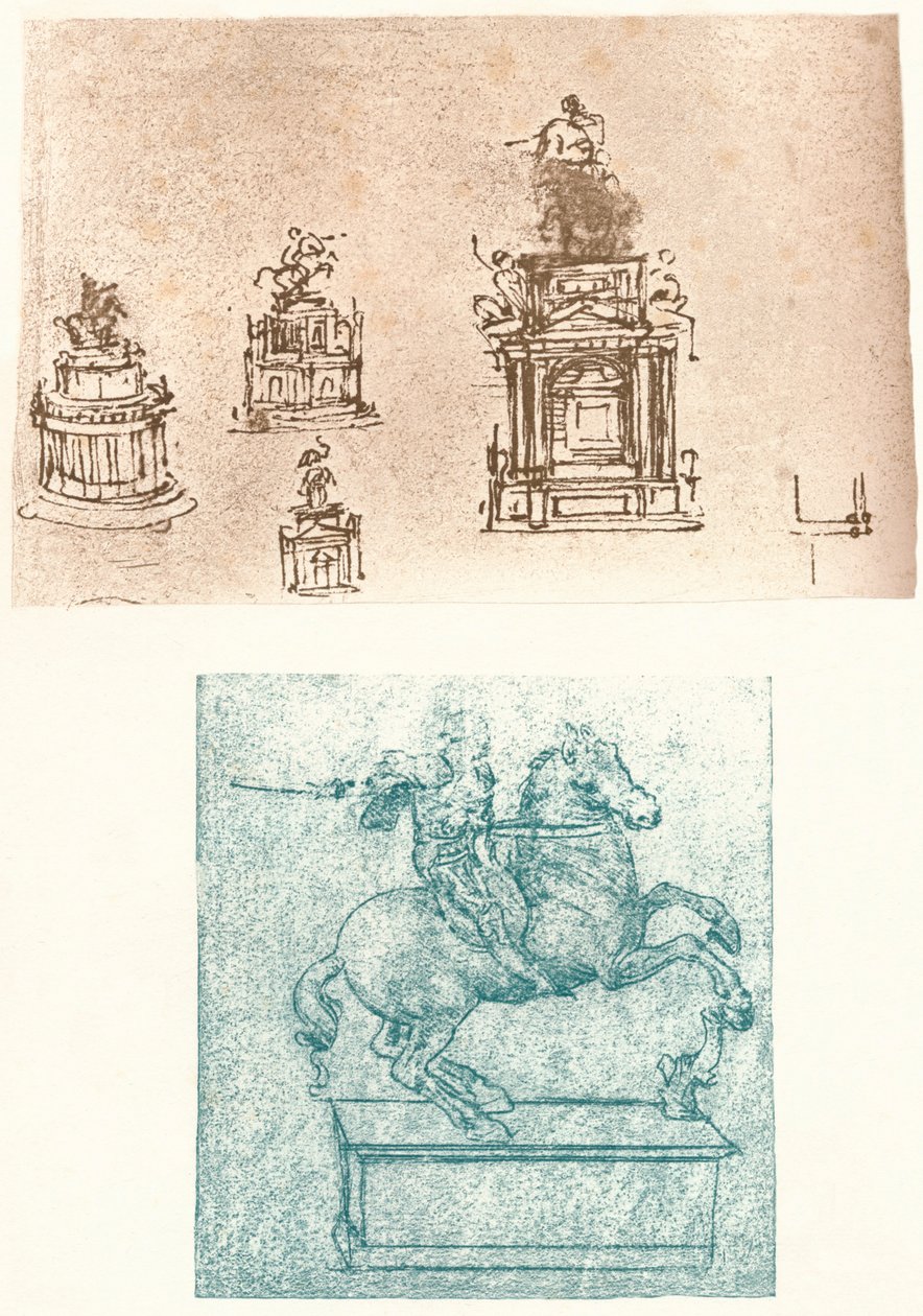 Dois estudos preparatórios para o Monumento de Sforza, c1482-c1499 1883 de Leonardo da Vinci