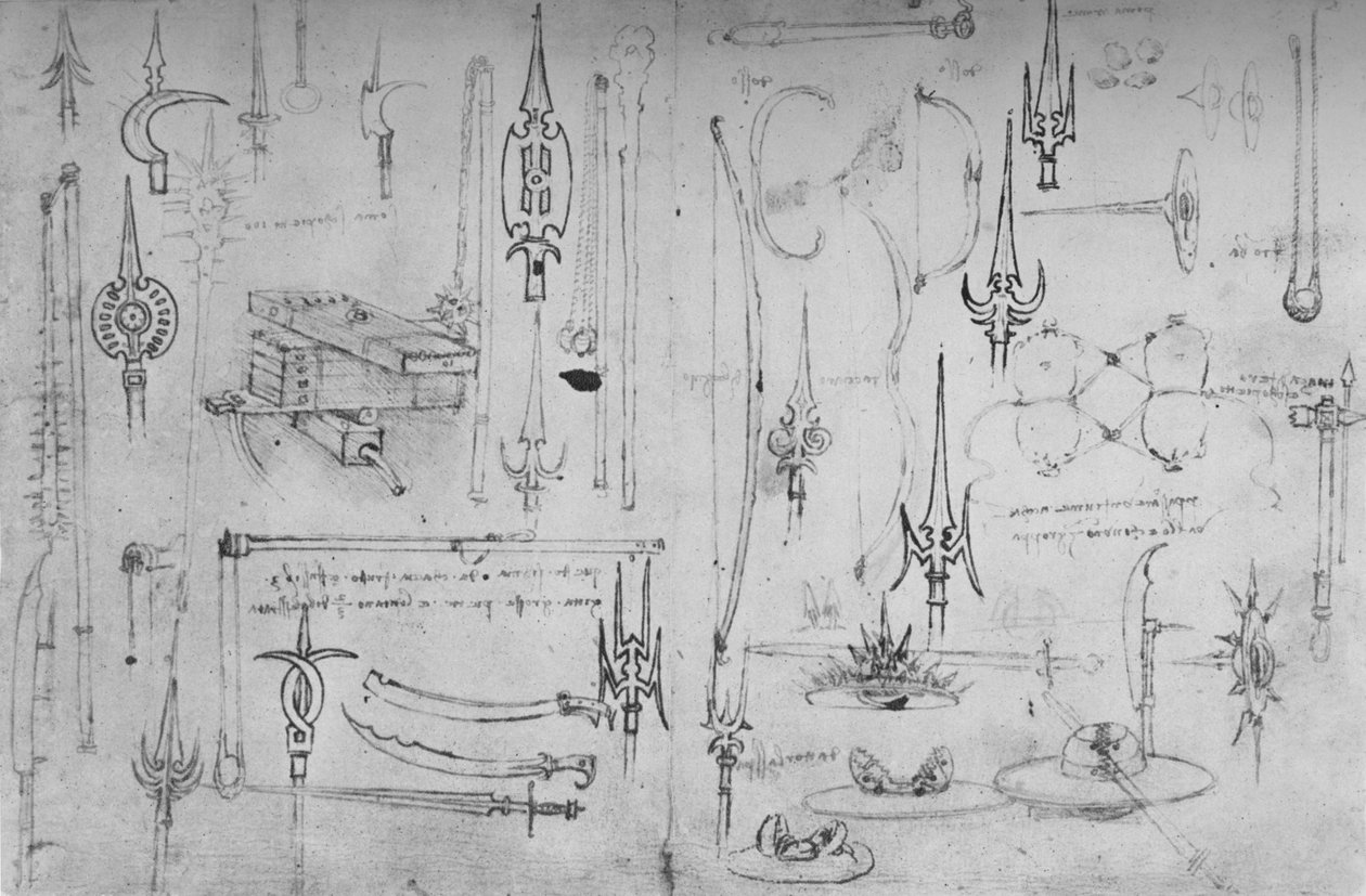 Vários braços de ataque e defesa, c1480 1945 de Leonardo da Vinci