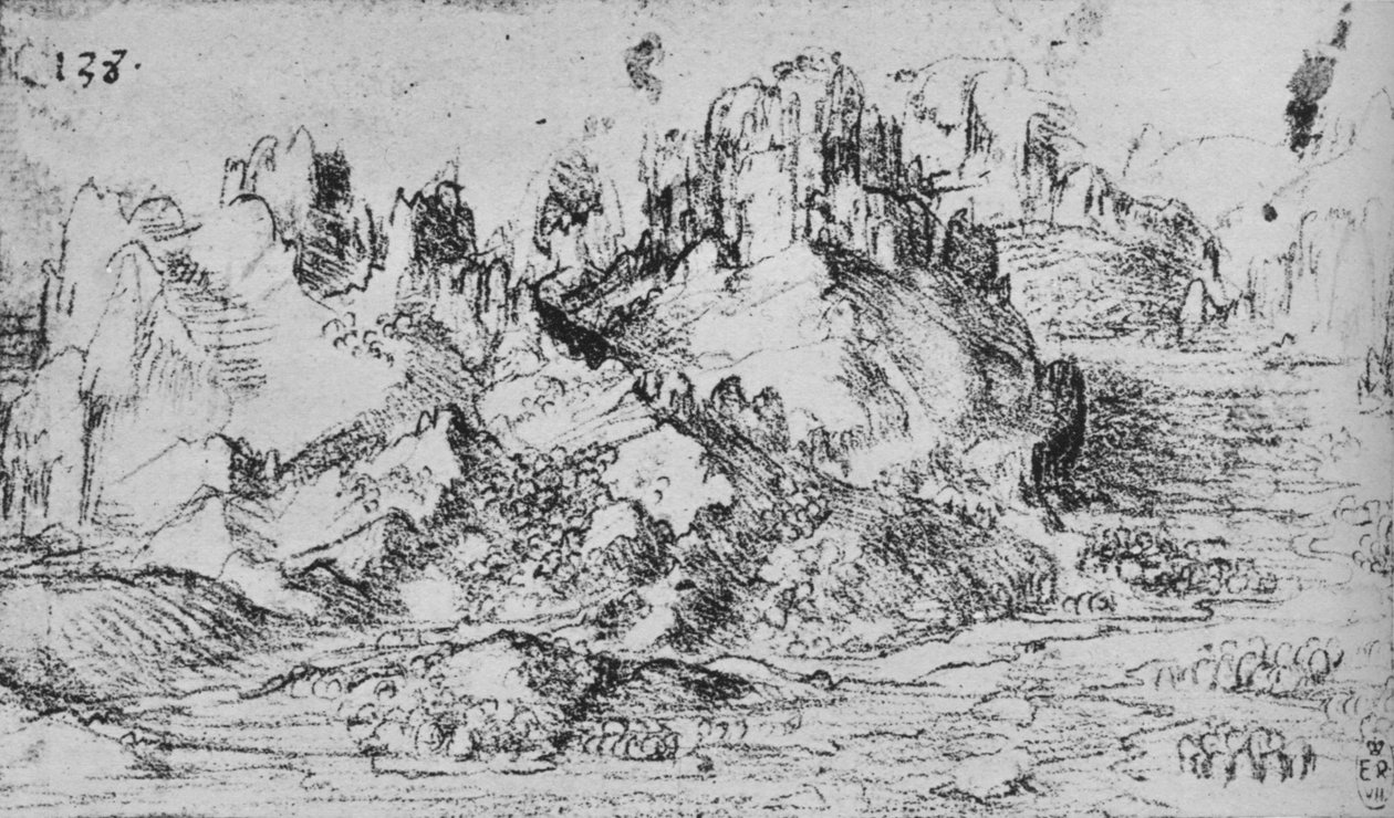 Vista sobre um vale com montanhas além, c1480 1945 de Leonardo da Vinci