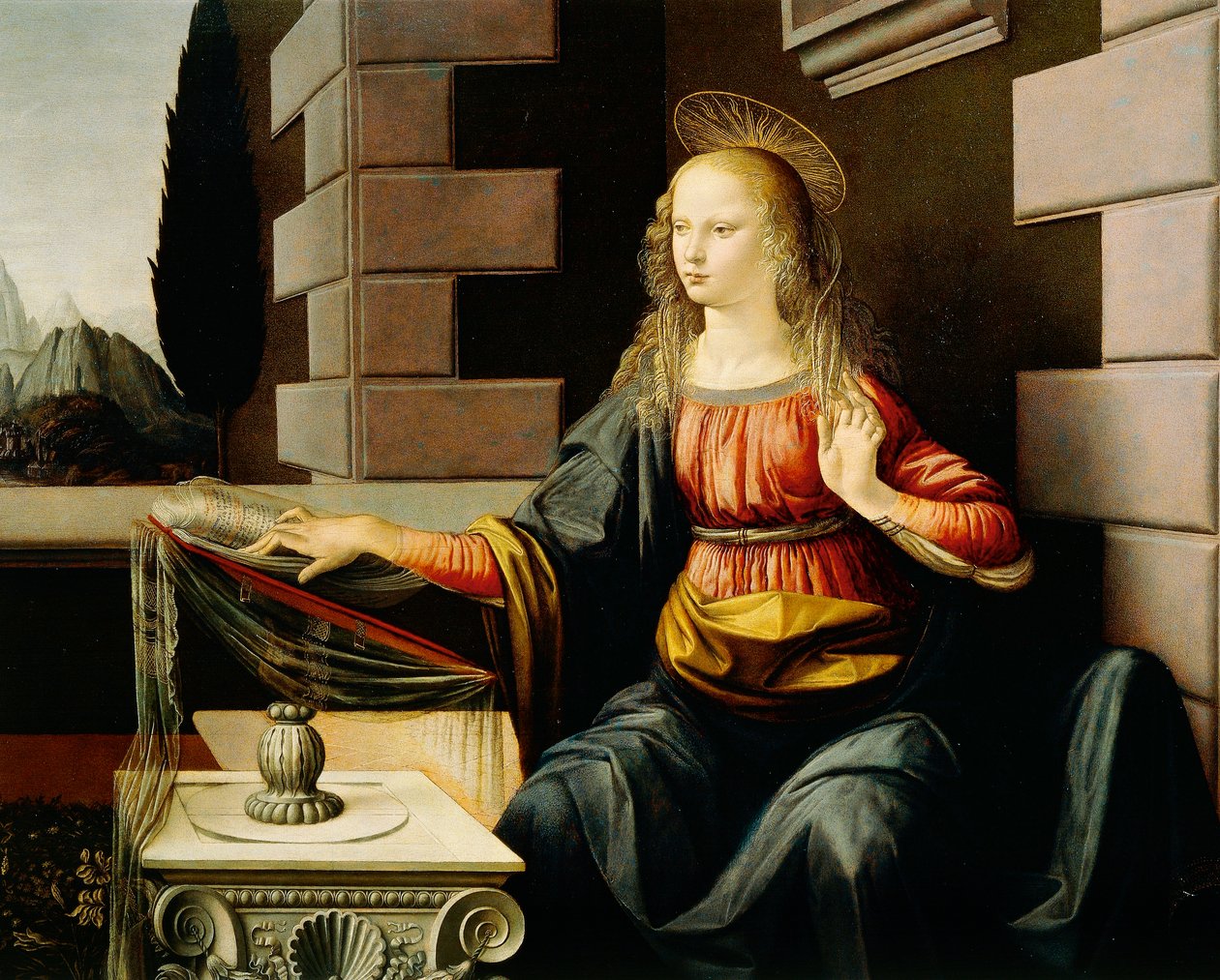 Virgem Maria, detalhe de Anunciação, c.1475 (óleo e tempera sobre madeira) de Leonardo da Vinci