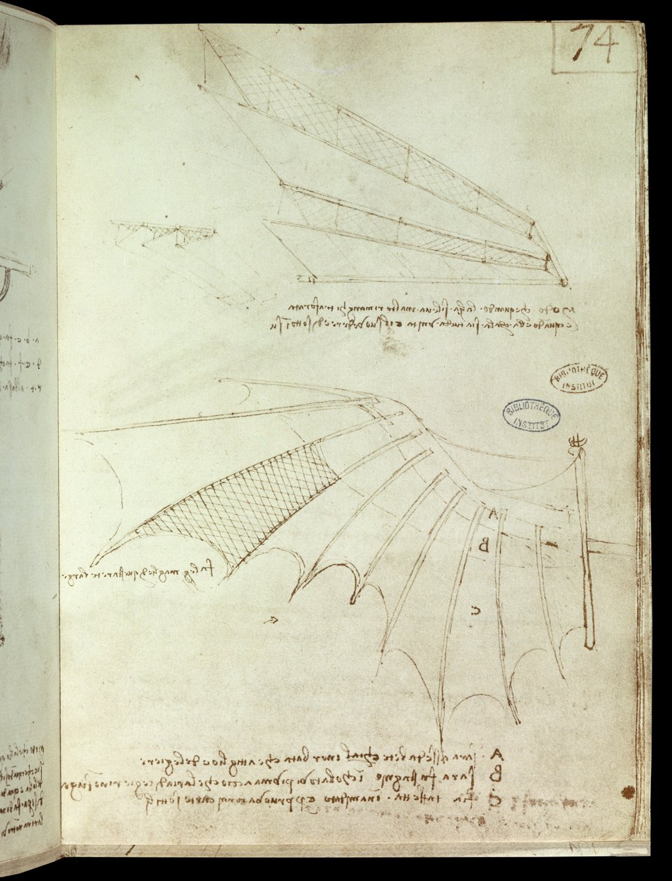 Asa. Desenho da máquina voadora. Manuscrito de Leonard De Vinci (Leonardo da Vinci de Leonardo da Vinci