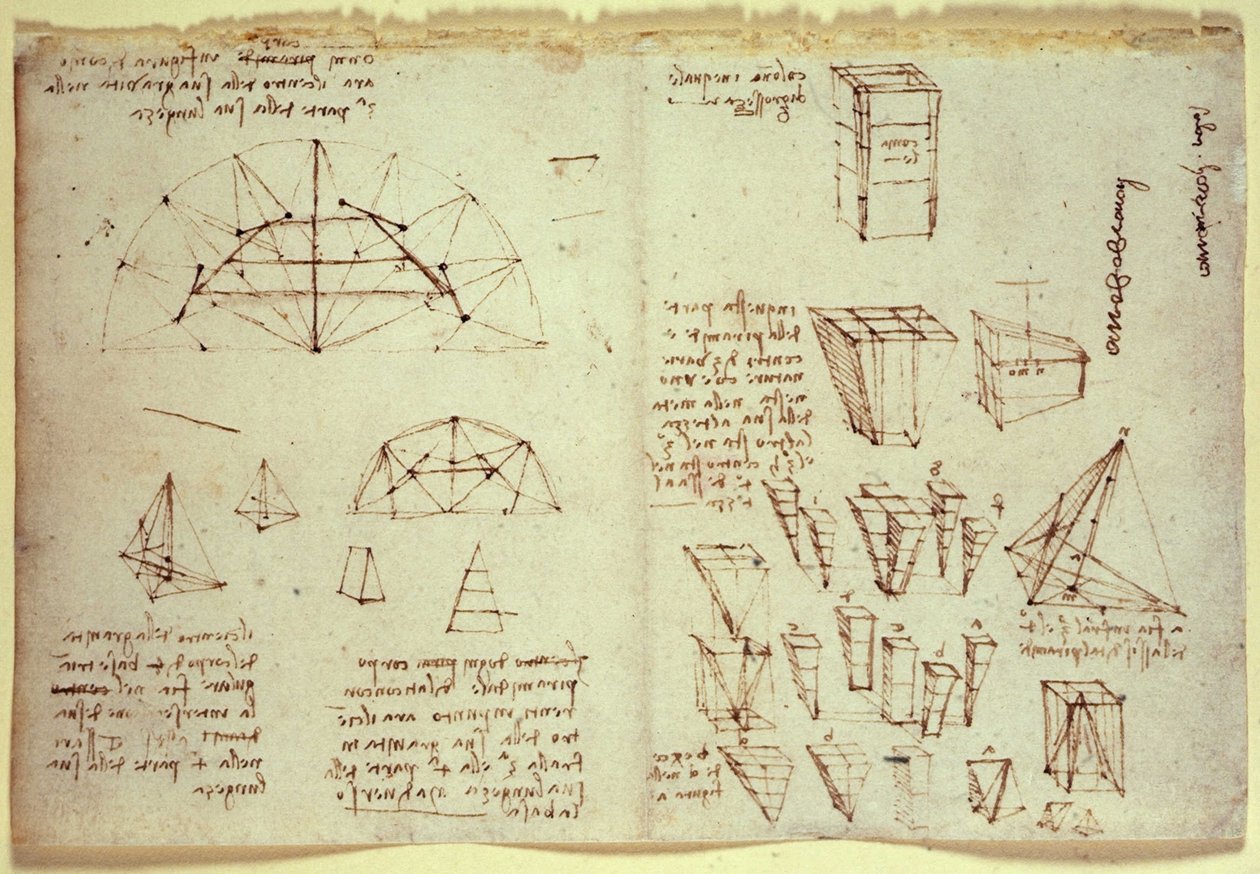 caderno de notas de Leonardo da Vinci, mostrando diagramas de formas geométricas de Leonardo da Vinci
