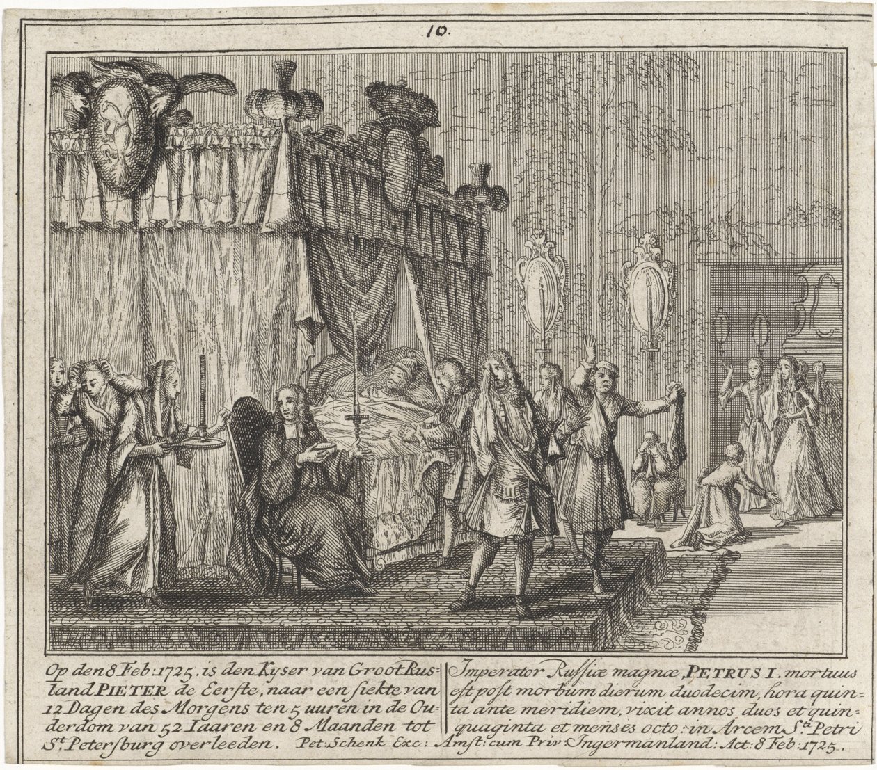 La mort de Pierre I le Grand, le 8 fevrier 1725 - The Death of Peter the Great on 8 February 1725, de Schenk, Leonard (1696-1767). Gravura em cobre de Leonardus Schenk