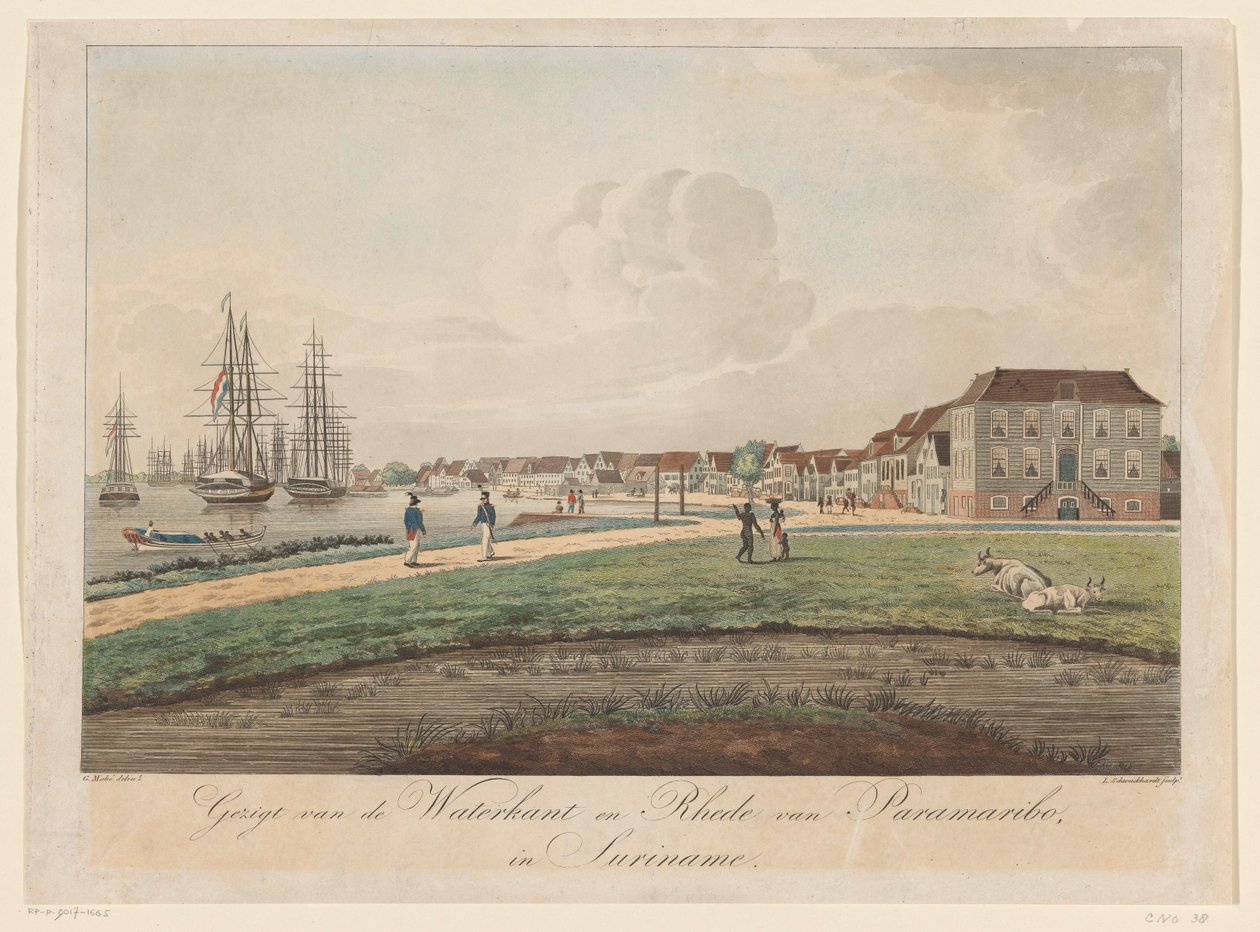 Vista da orla em Paramaribo Vista do Waterkant e Rhede de Paramaribo no Suriname (título no objeto) de Leonardus Schweickhardt