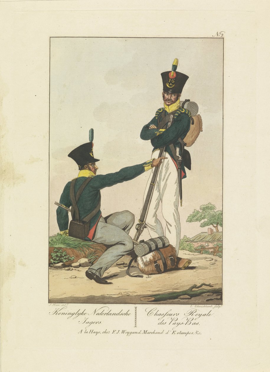 Dois caçadores, 1814-1818
Koninglyke Nederlandsche Jagers / Chasseurs Royale des Pays-Bas (título sobre o objecto)
Sete representações uniformes 1814-1818 (título da série) de Leonardus Schweickhardt
