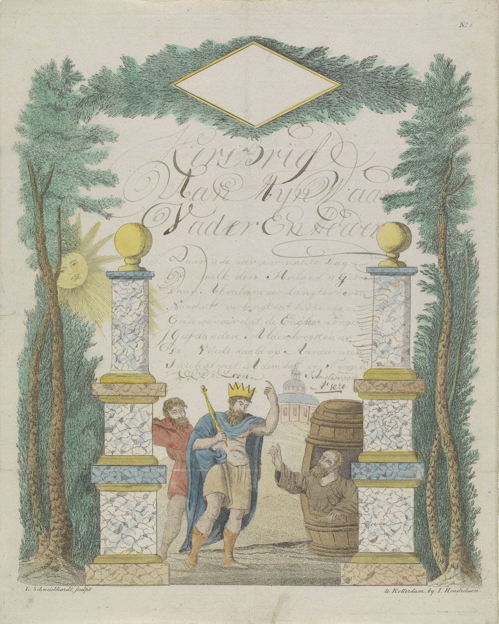 Carta de desejo com Alexandre o Grande visitando Diógenes no barril de Leonardus Schweickhardt