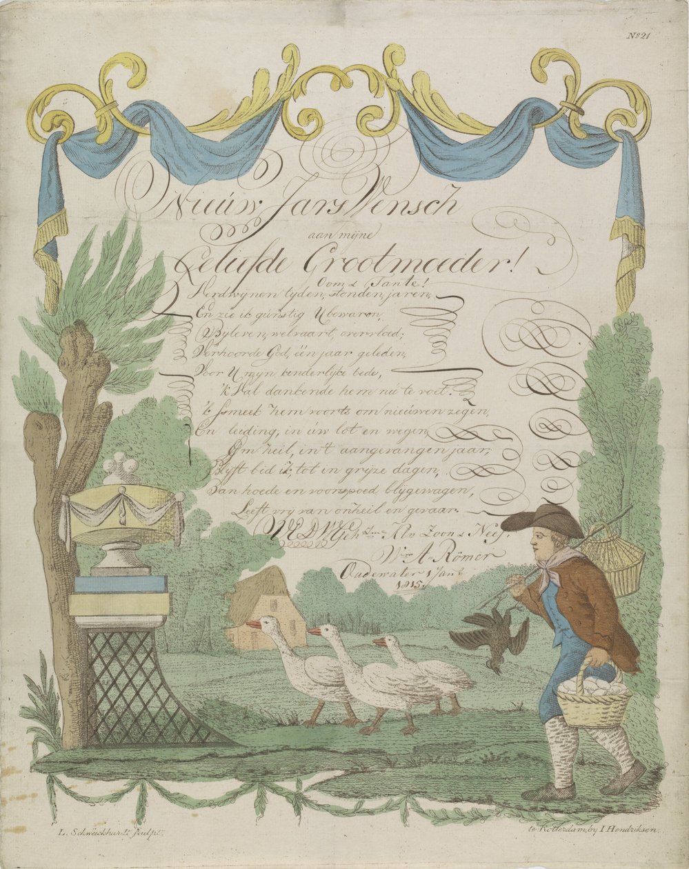 Carta de desejo com um fazendeiro e seus gansos de Leonardus Schweickhardt