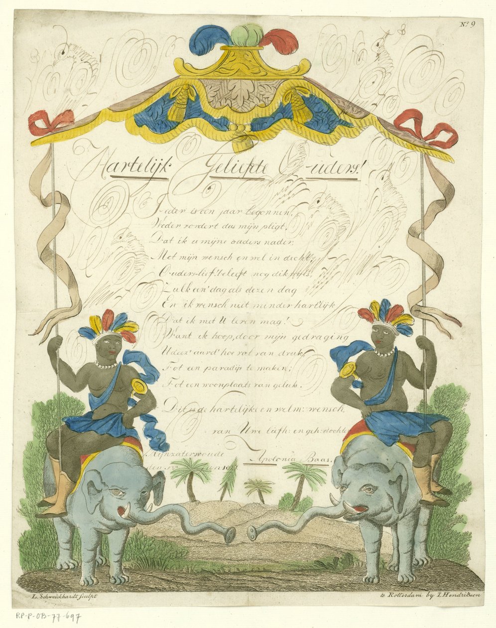 Carta de desejo com homens negros sobre elefantes de Leonardus Schweickhardt