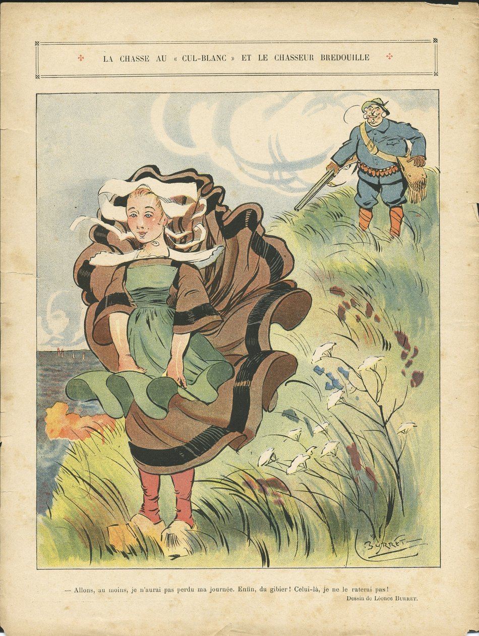Ilustração de Leonce Burret (1865-1915) em Le Rire, 03/09/10 - A caça ao branco cul-blanc e ao caçador de bonecos - Campo, Lazer, Vegetação Natural, Caça ao caçador, Balneário Marinho Marítimo - Camponeses, Agricultores de Leonce Burret