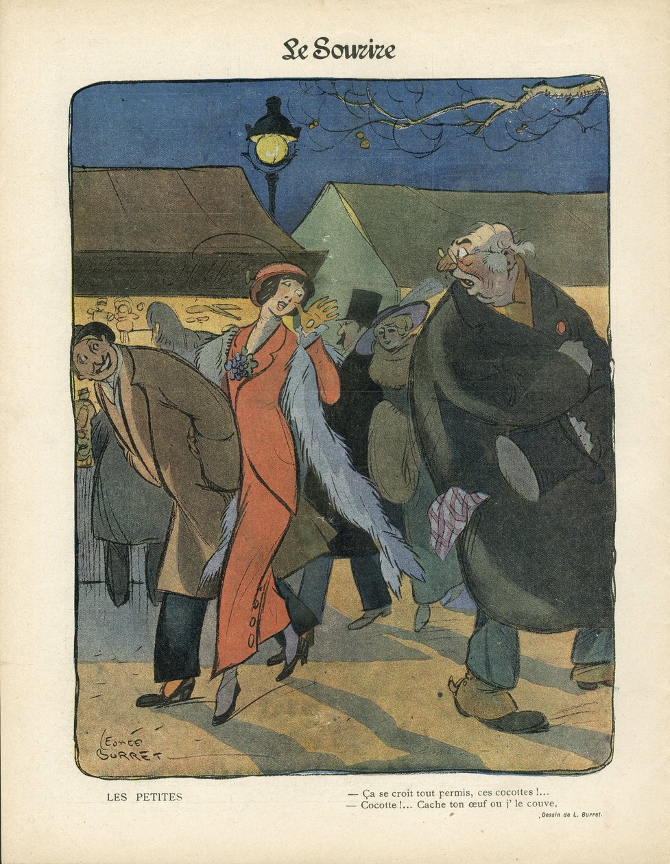 Ilustração de Leonce Burret (1865-1915) em Le Smile, no. 4, 23/01/13 - Les petites - Nocturne, Prostituição, Caçarolas de papel, Luminária de pé, Pele de Leonce Burret