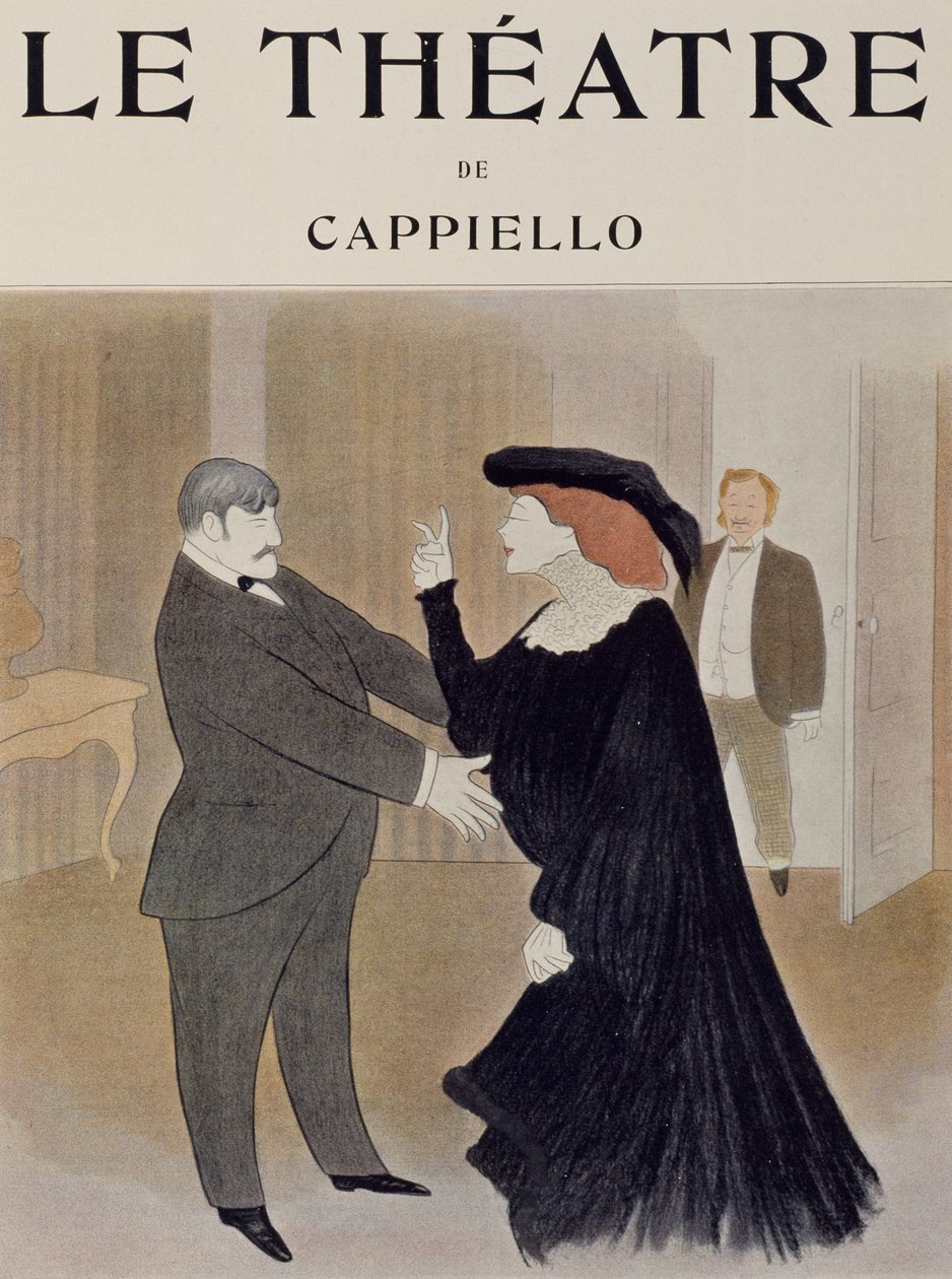 Actores Lucien Quitry e Jane Harding em cena a partir de La Chatelaine, apresentado no Renaissance Theatre em Paris, desenho de Leonetto Cappiello (1875-1942), página de rosto da revista Theatre, Abril de 1903 de Leonetto Cappiello
