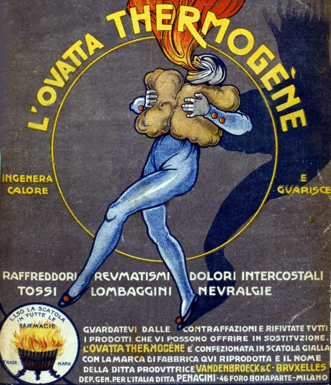 Anúncio de resfriados termogênicos de lã de algodão, dores internas, reumatismo, tosse, neuralgia e lumbago. Desenho de L. Cappiello (1875 - 1942) Itália, século XX. de Leonetto Cappiello