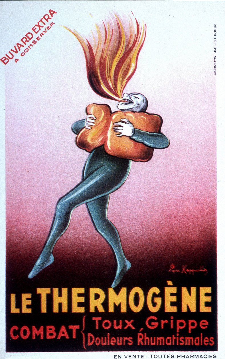 Publicidade para constipações termogénicas curativas, dores intercostais, reumatismo, tosse, neuralgia e lumbagos. Bouvard francesa. início do século XX de Leonetto Cappiello