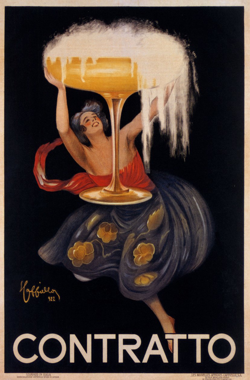 Cartaz publicitário para o espumante "" Contratto "": uma pequena fada, um elfo levantando um copo enorme. Ilustração de Leonetto Cappiello (1875-1942) 1922 de Leonetto Cappiello
