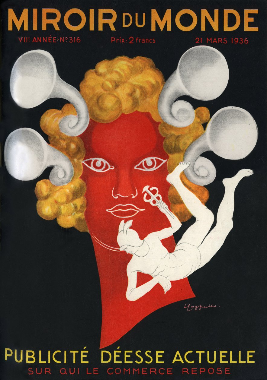 Alegoria da Publicidade "Deusa atual sobre quem repousa o comércio", com Mercúrio, deus dos viajantes e do comércio. Capa da revista Mirror du monde n°316, 21 de março de Leonetto Cappiello