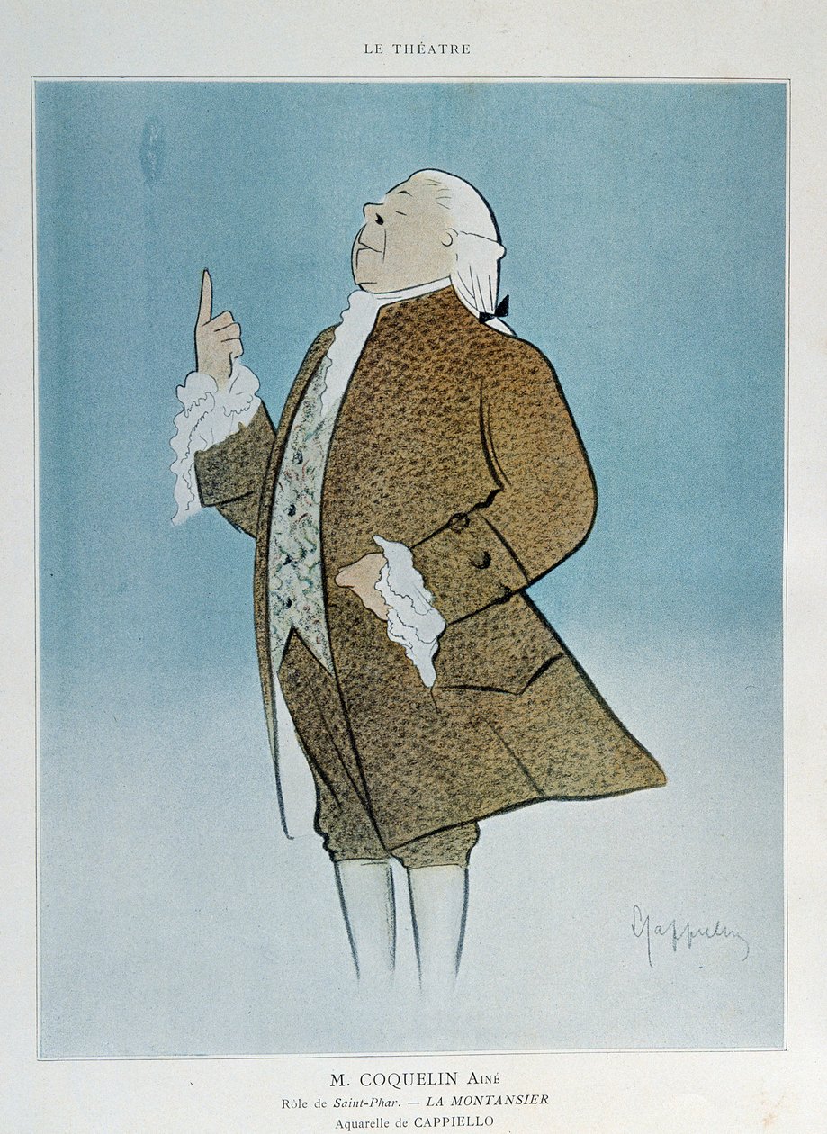 Comediante Constant Poppy Groin (1841-1909) no papel de Santo Faraó em "La Montansier" de Rejane, em 1904. Aquarela de Leonetto Cappiello (1875-1942) Paris. Artes Decorativas de Leonetto Cappiello