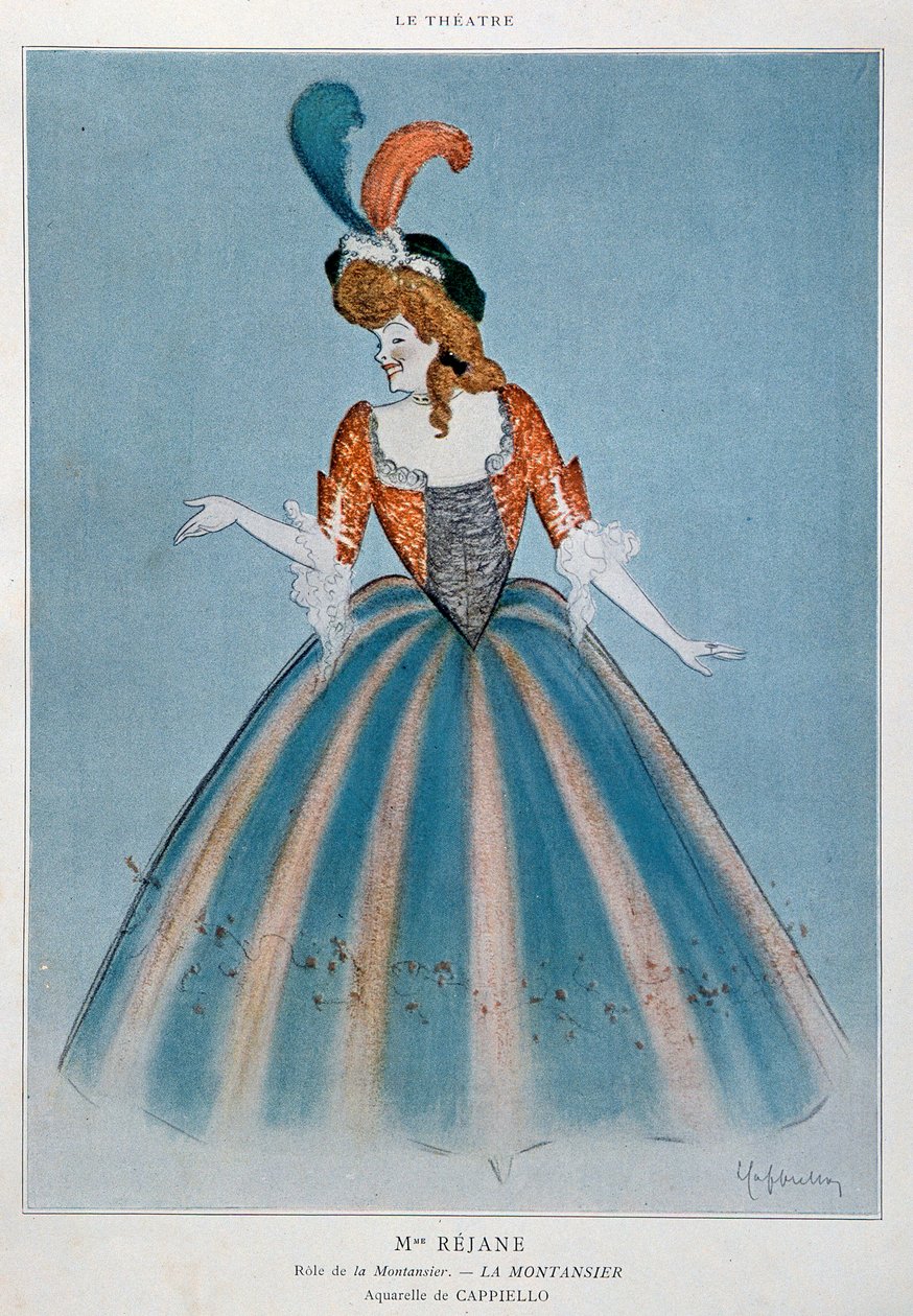 A comediante Gabrielle Charlotte Reyu, chamada Rejane (1856-1920), no papel do Montansier. Aquarela de Leonetto Cappiello (1875-1942) Paris, artes decorativas de Leonetto Cappiello