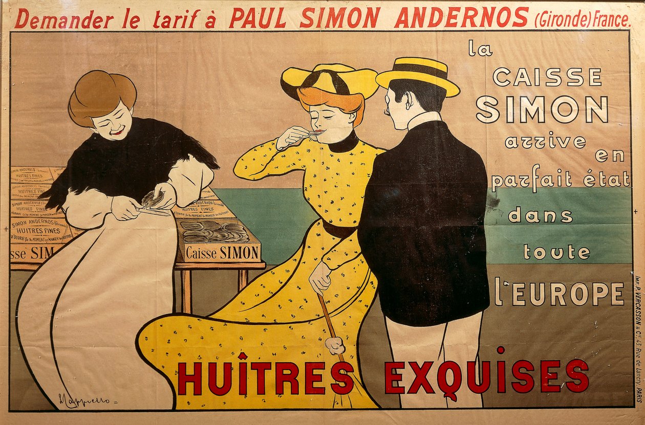 Cartaz "Huitres exquises" (ostras requintadas) para o comerciante de ostras Paul Simon de Leonetto Cappiello