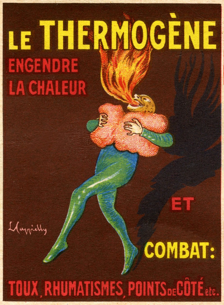 Etiqueta de uma caixa de enchimento revulsivo e resolutivo Le Thermogene, compressa destinada a aliviar a tosse, constipações, dores e reumatismo - fórmula: algodão hidrófilo, coccina nova, laranja amarela S, extracto de capsicum. Produto farmacêutico fabr de Leonetto Cappiello