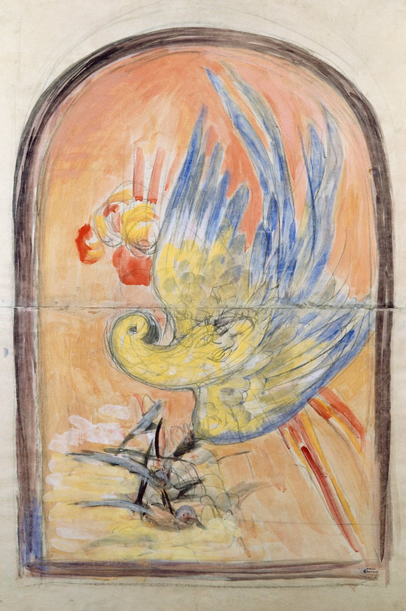 Desenho preparatório das costas da cadeira estilo Art Deco para o salão Le Perroquet, guache de Leonetto Cappiello (1875-1942), Itália, século XX de Leonetto Cappiello