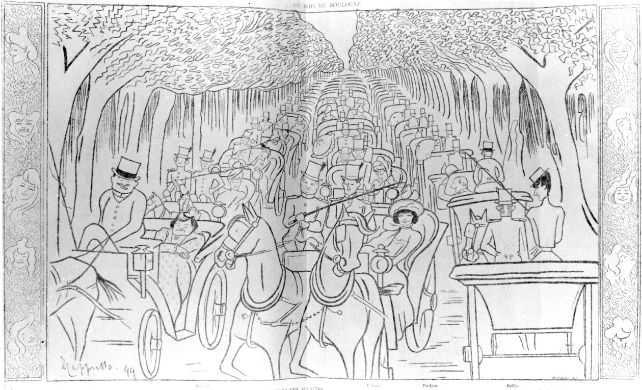Palco, Music Hall e Opera, estrelas da era Belle Epoque, dirigindo no Bois de Boulogne, Avenue des Acacias, Paris, caricatura humorística da revista &39;Le Rire&39;, 1899 de Leonetto Cappiello