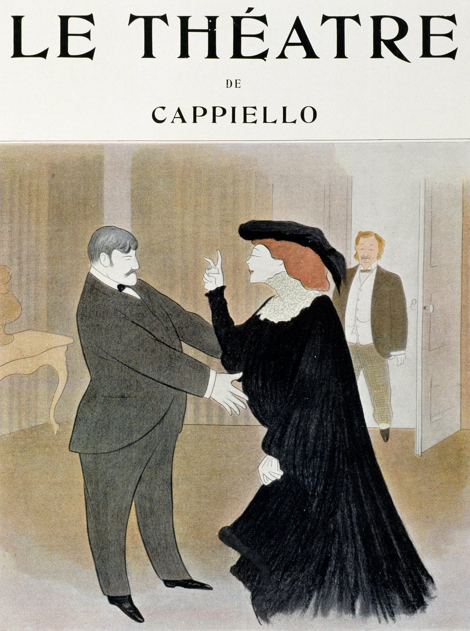 Os atores Lucien Guitry (1860-1925) e Jane Harding numa cena de La Chatelaine, apresentada no Teatro Renascentista de Paris - página de rosto da revista Theatre, abril de 1903, Paris (Imprimir) de Leonetto Cappiello