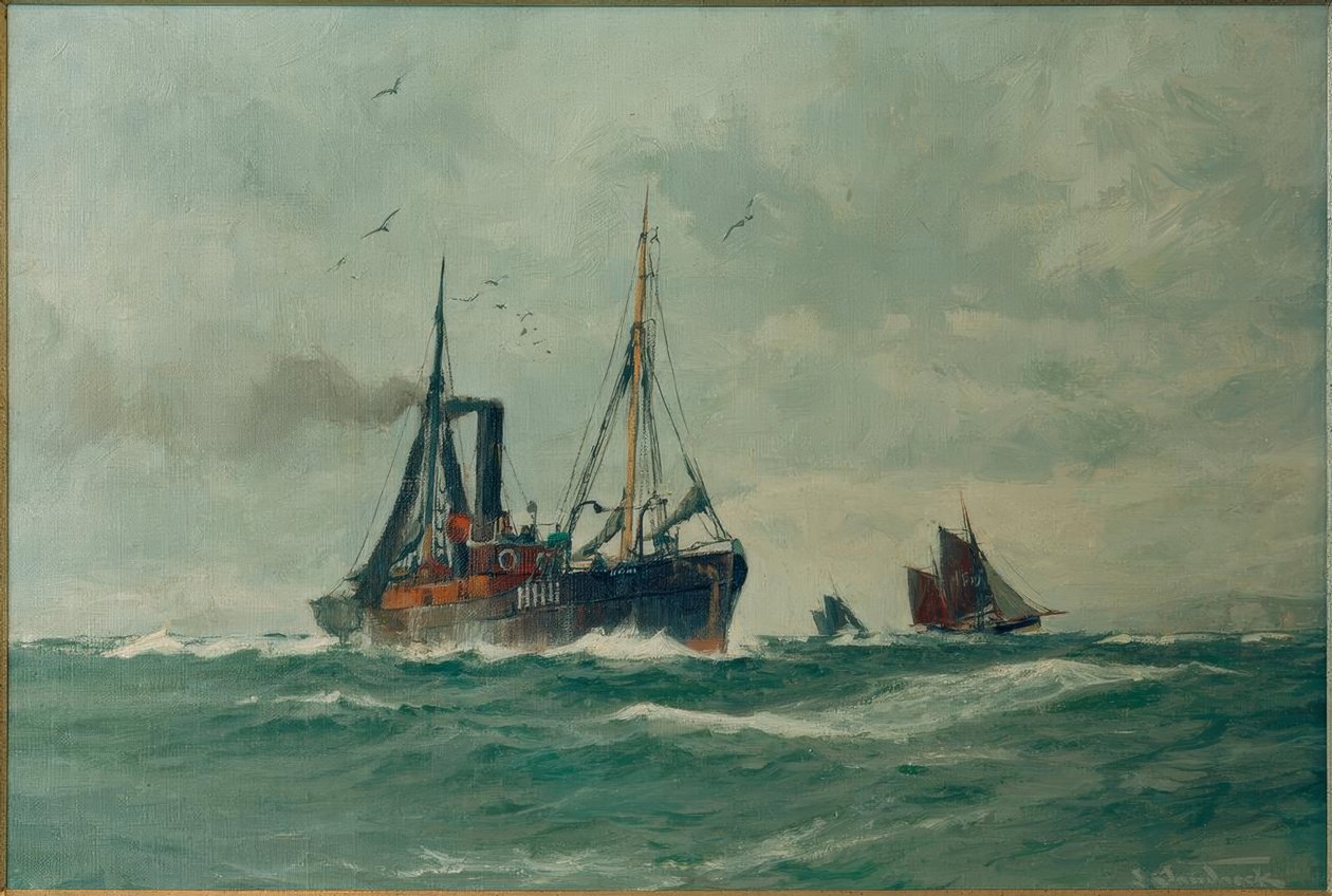 Navio de peixe e dois Finkenwerder Ewer de Leonhard Sandrock